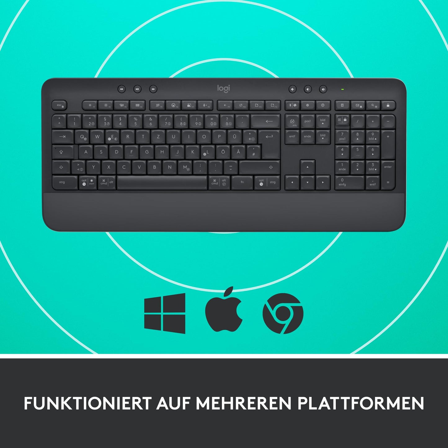 Logitech Signature K650 Comfort wireless keyboard with wrist rest, BLE Bluetooth/Logi Bolt USB receiver, soft-touch keyboard, Numpad, PC/Windows/Mac, German QWERTZ - Gray - 920-010913