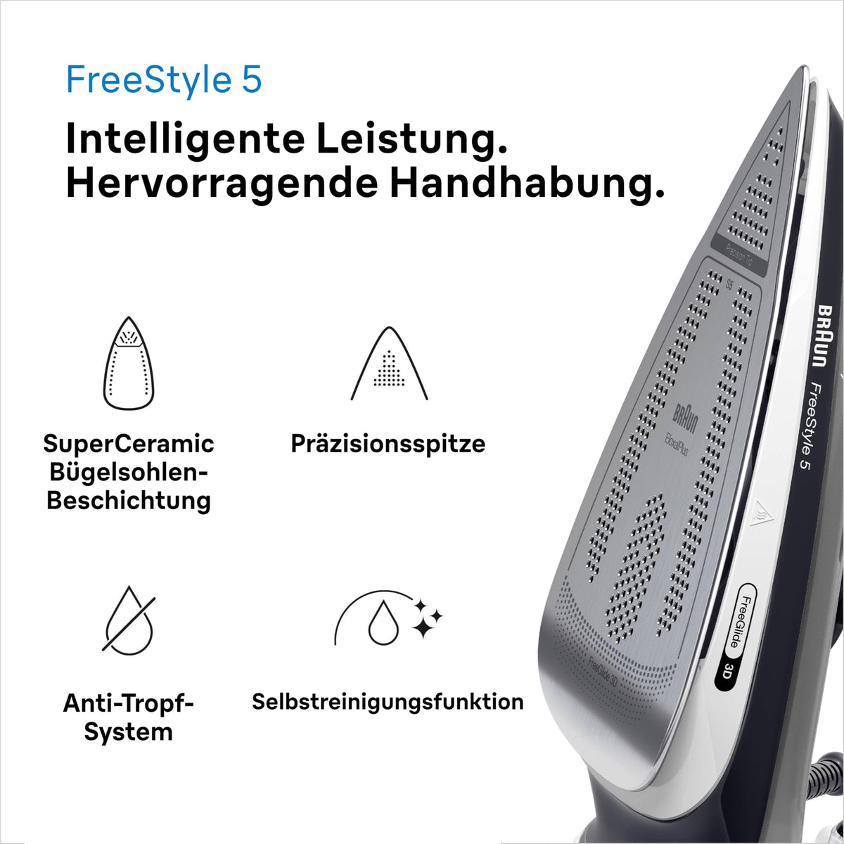 Braun FreeStyle 5 Steam Iron SI 5188 BK – Iron with FreeGlide 3D soleplate, vertical steam, 2800 Watts, steam shot 220 g/min, 330 ml water tank, black - SI5188BK
