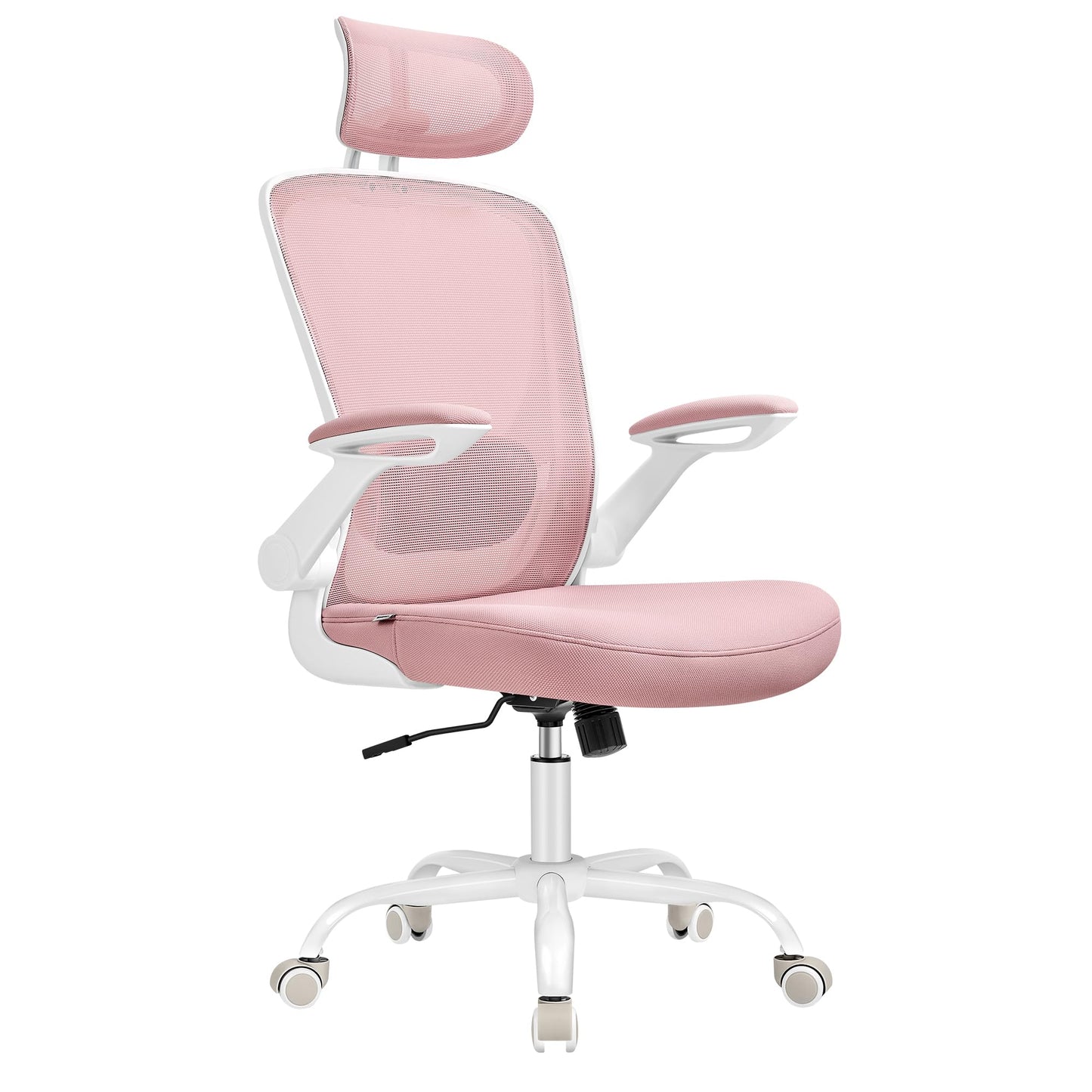 SONGMICS Ergonomic Office Chair, Swivel Chair with Mesh, Lumbar and Headrest, Rocker Function, 53cm Seat, Folding Armrests, Study and Bedroom, Students, Pastel Pink OBN047R01