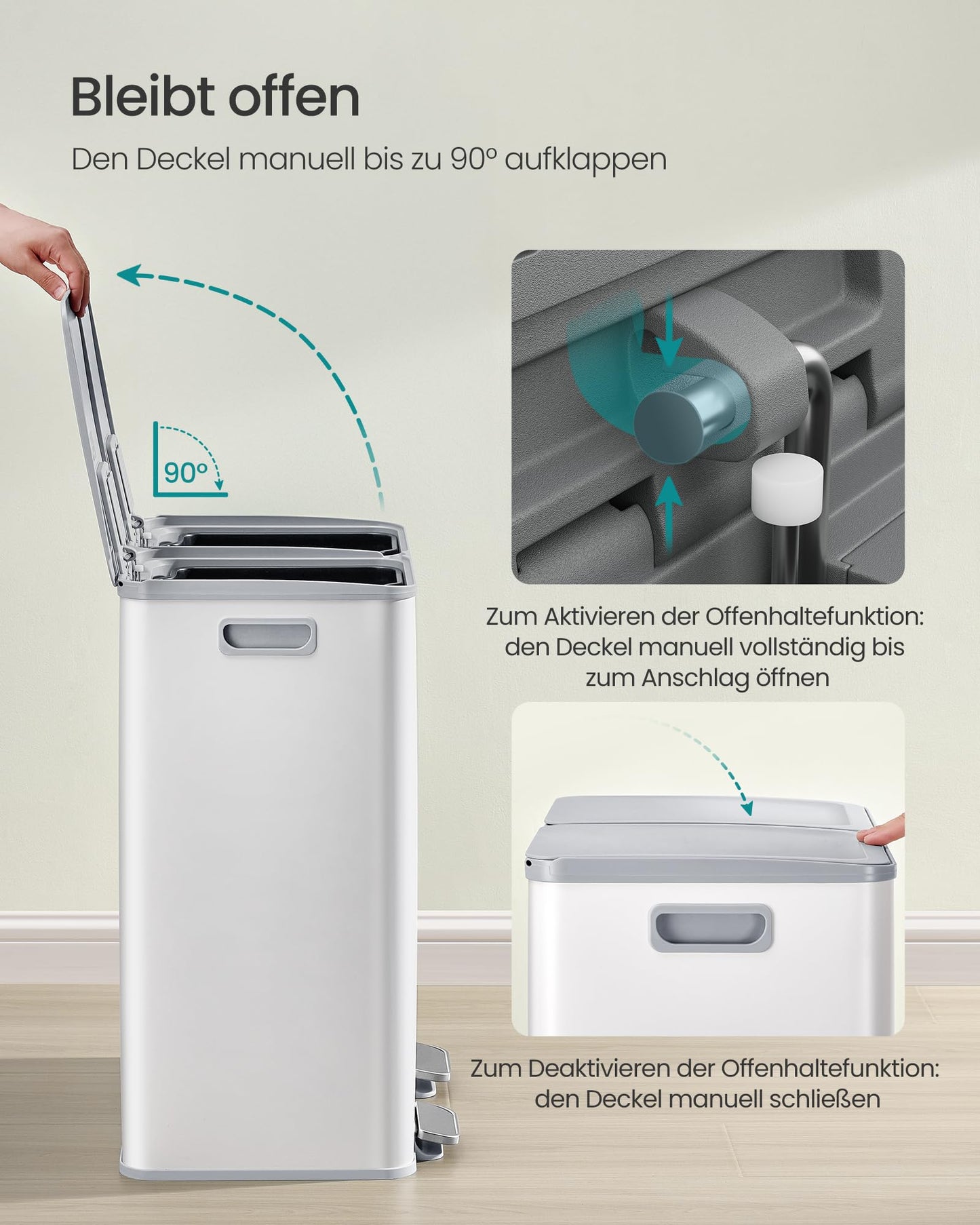 SONGMICS kitchen trash can, 2 x 30 liters, 2 compartments, trash can, pedal trash can, kitchen trash can with soft close lid and inner bucket, steel, including 15 trash bags, matt white LTB741W02