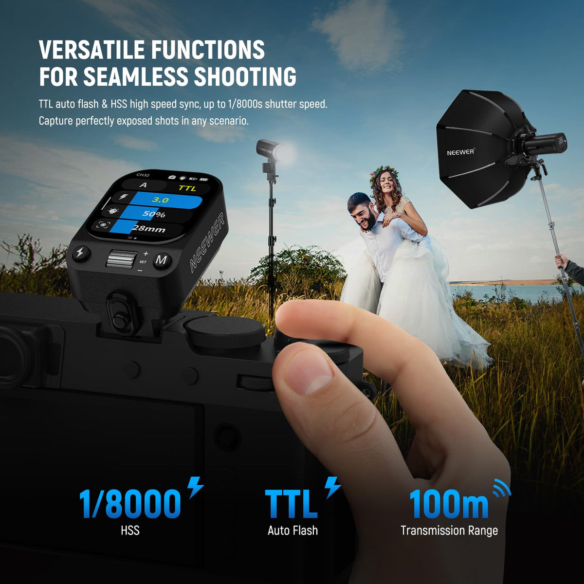 NEEWER QZ-F 2,4G TTL Flash Wireless Trigger Compatibil cu camerele Fujifilm Fuji X100VI, X100V, XT30 II, XT5, XT50, cu ecran tactil, declanșator de blitz, 1/8000s HSS, acumulator de 1000mAh/Comutator TCM