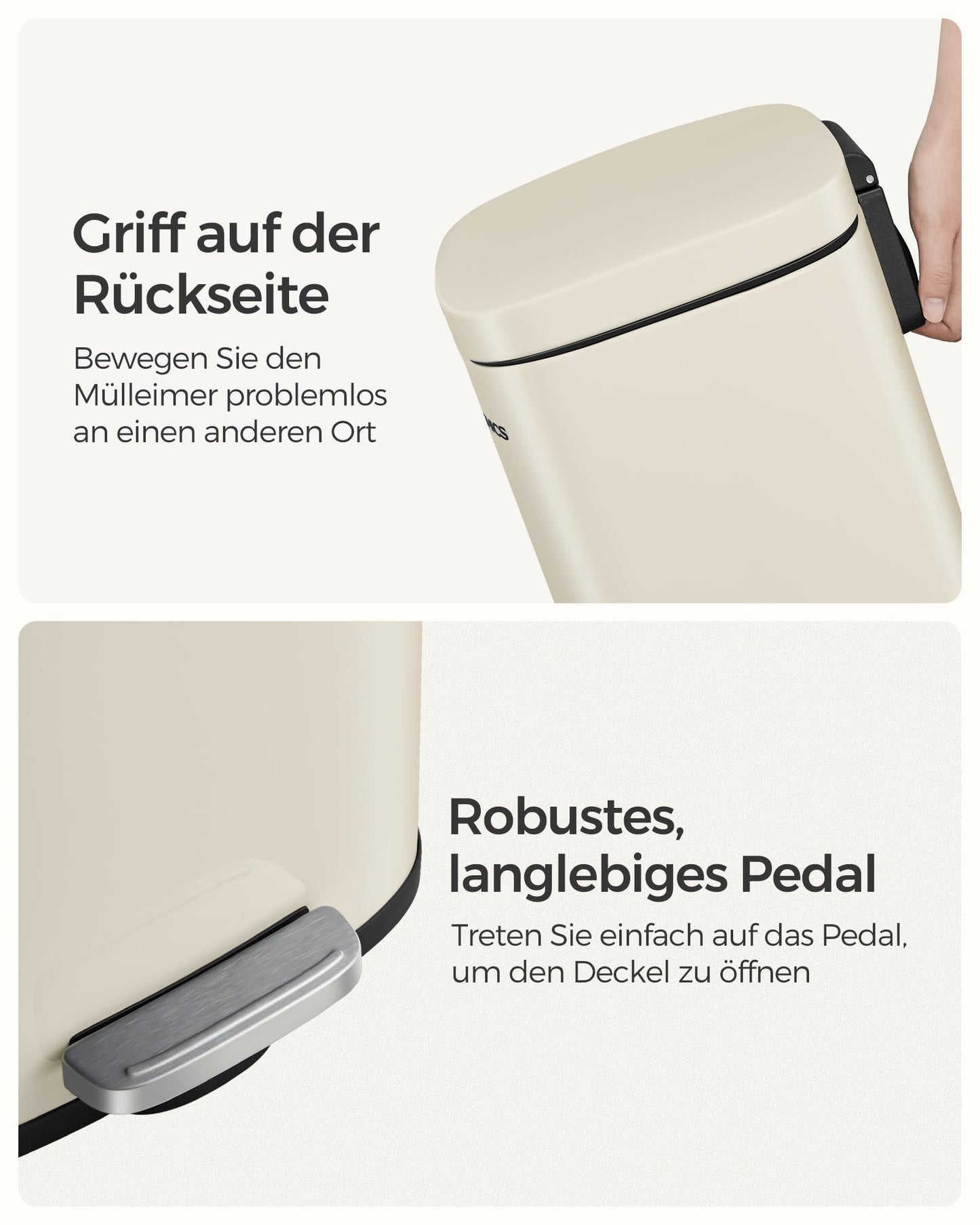 SONGMICS kitchen rubbish bin, 30 liters, waste bin, pedal bin, with lid, soft close, foot pedal, steel, inner bin, sand beige LTB03A02