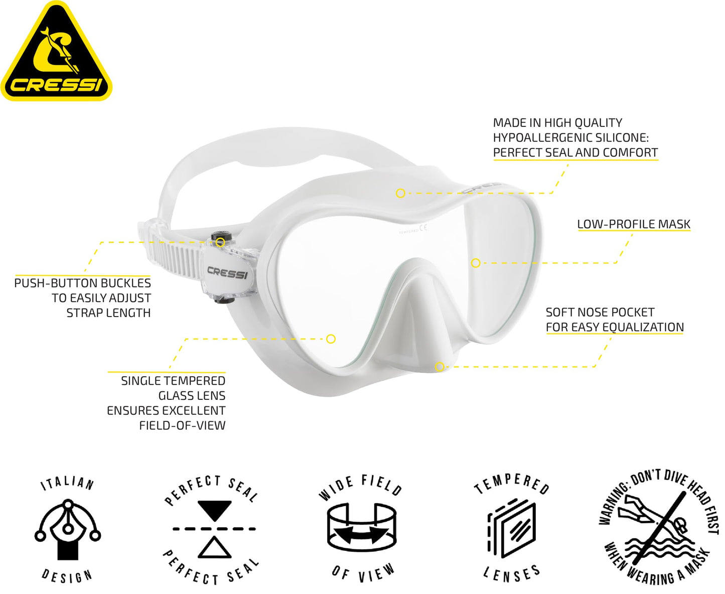 Cressi Frameless Diving Mask F1 - Fog-free Glass Lens, Diving Goggles - Ergonomic Silicone Rim, Snorkel Mask - Dry Snorkel & Snorkel Set - White - Mask - ZDN283000