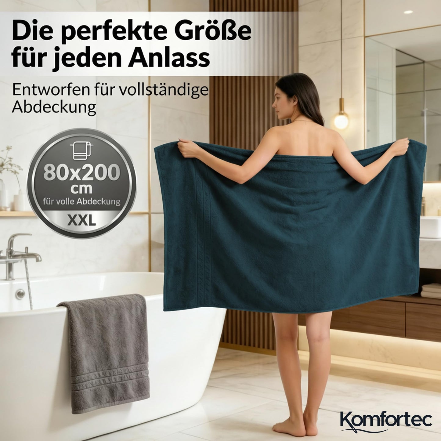 Komfortec 2 sauna towel set 80x200 cm, large sauna towels made of 100% cotton, sauna towels, fluffy and absorbent, quick-drying, anthracite grey/petrol - 2er-80x200-anthrazit-petrol