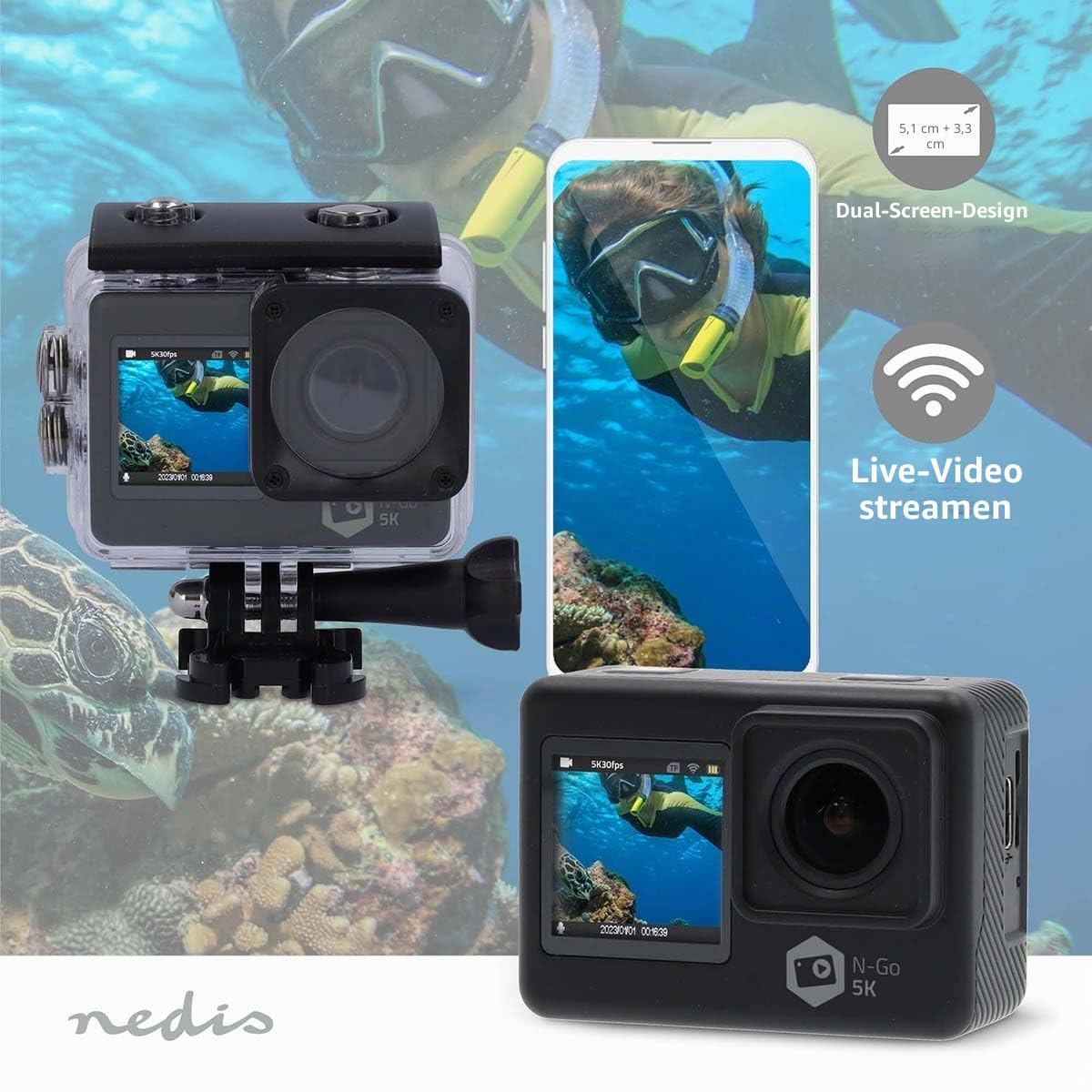 Nedis Action Cam - 5K@30fps - 16 MPixel - Waterproof up to: 30.00 m - 80 min - Wi-Fi - App available for: Android/iOS - Includes mount - Black - ACAM71BK
