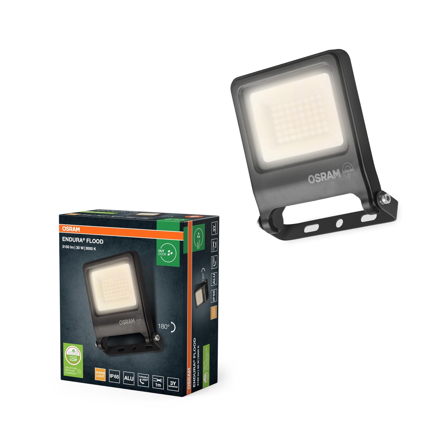 Osram ENDURA FLOOD PC 30W LED floodlight, 3000K warm white, 3000 lumens, IP65 floodlight environmentally friendly, 110° light angle, 100 lm/W, gray (pack of 2) - 4099854486463