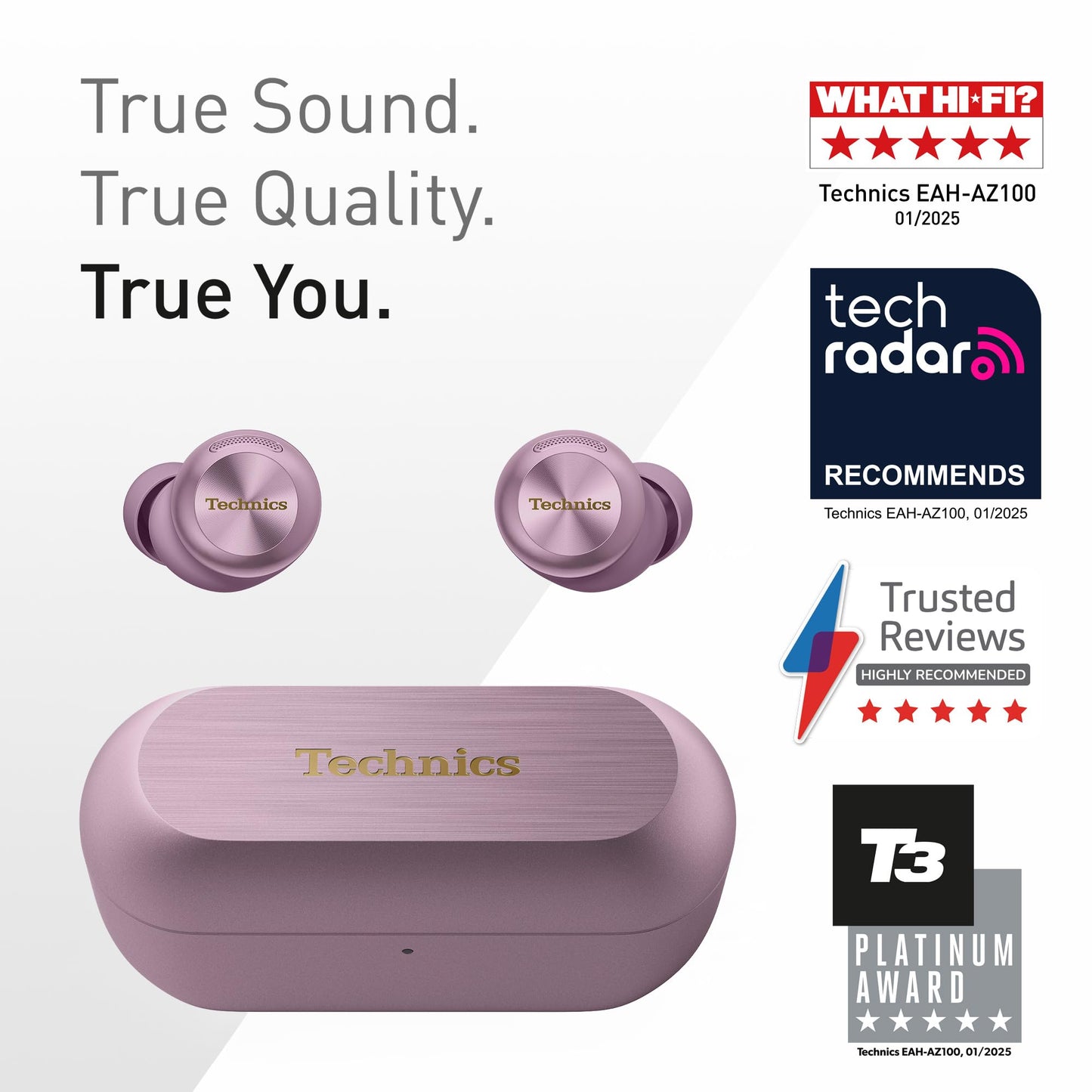Technics EAH-AZ100 10mm True Wireless Earbuds with Magnetic Fluid Driver, Adaptive Noise Canceling, Voice Focus AI, 3-Device Multipoint, Dolby Atmos, Qi, IPX4, Lilac - EAH-AZ100E-V