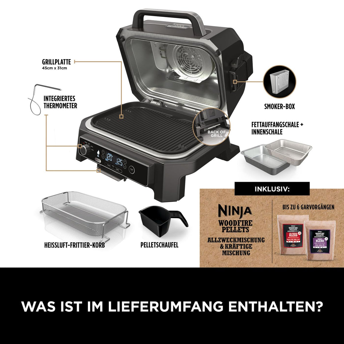 Ninja Woodfire Pro XL Electric Grill, Woodfire Pellets, Weatherproof, OG850EU