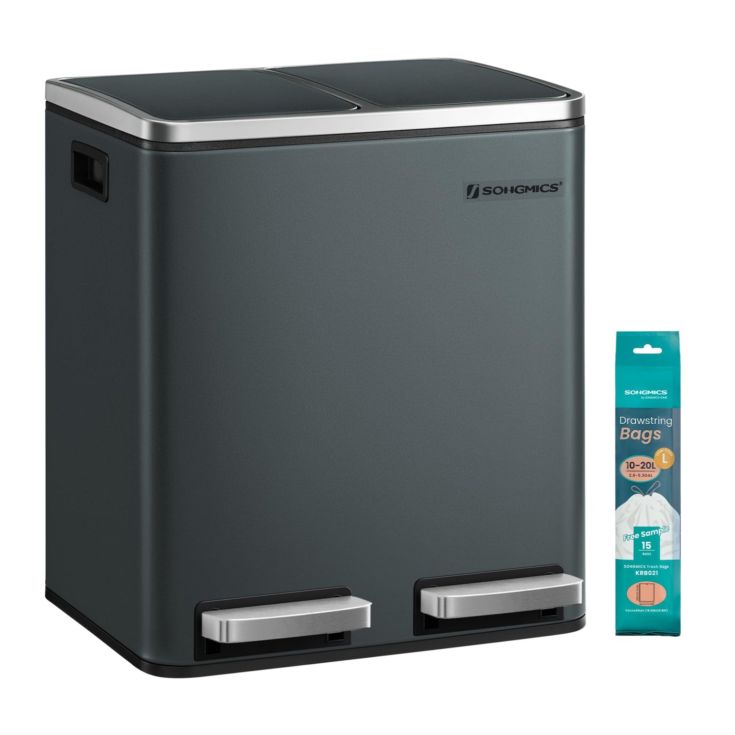SONGMICS kitchen rubbish bin, 2 x 15 liters, waste separation system 2 compartments, including 15 rubbish bags, rubbish bin, pedal bin, recyclable waste, organic waste, soft close lid, green-grey LTB30GS