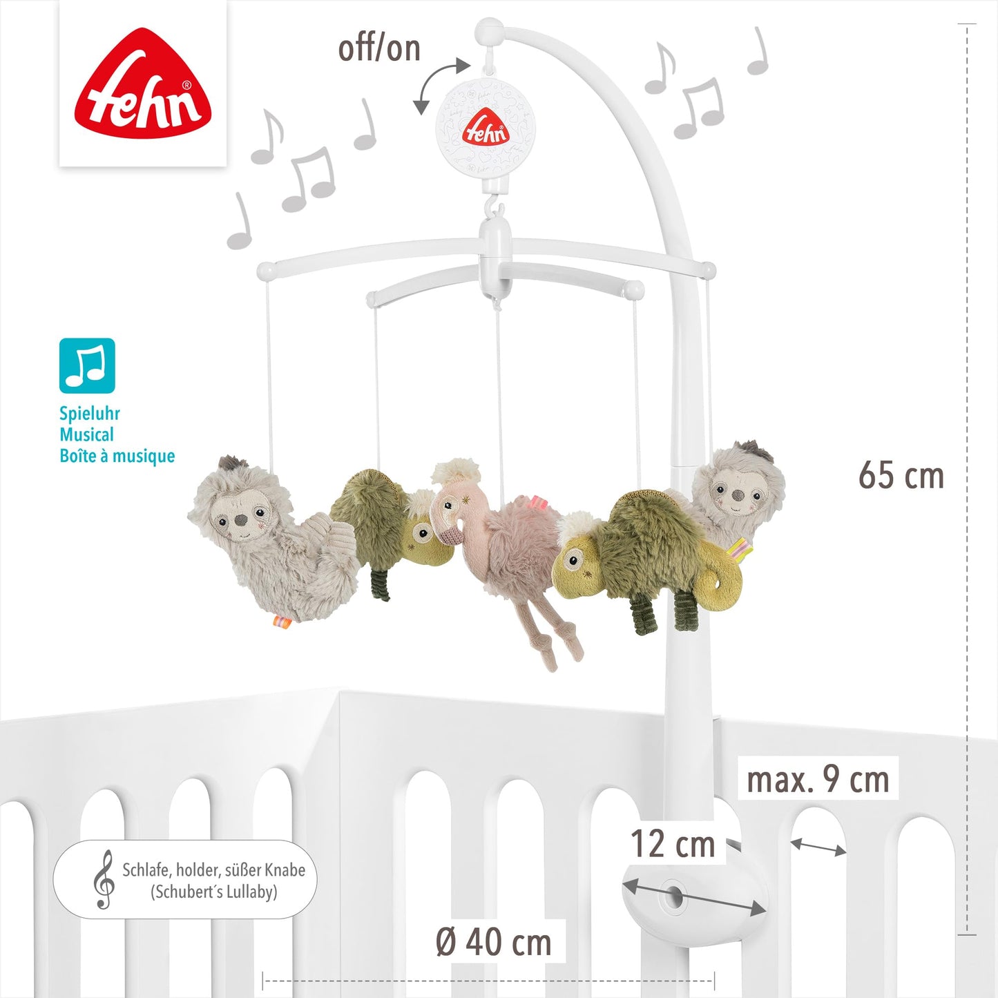 Fehn music mobile Lazy, Crazy & Pink - music mobile with music box melody "Brahm's lullaby" - sleep aid for calming and activity - with baby bed attachment for babies from 0-5 months - 42160