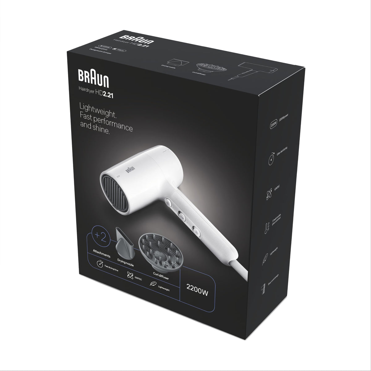 Braun Haartrockner HD2.21 – Ușor și eficient, cu difuzor și duză de styling pentru toate tipurile de păr, tehnologie IONTEC, 2200 W, 3 temperaturi și 2 viteze, Alb, BRHD226E - BRHD226SDE