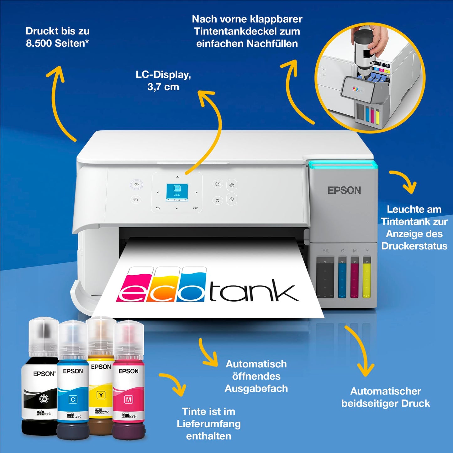 Epson EcoTank ET-2956 White A4 multifunction printer with Wi-Fi & AirPrint ink tank, scanning, copying & duplex printing, up to 3 years of ink included - C11CL41405