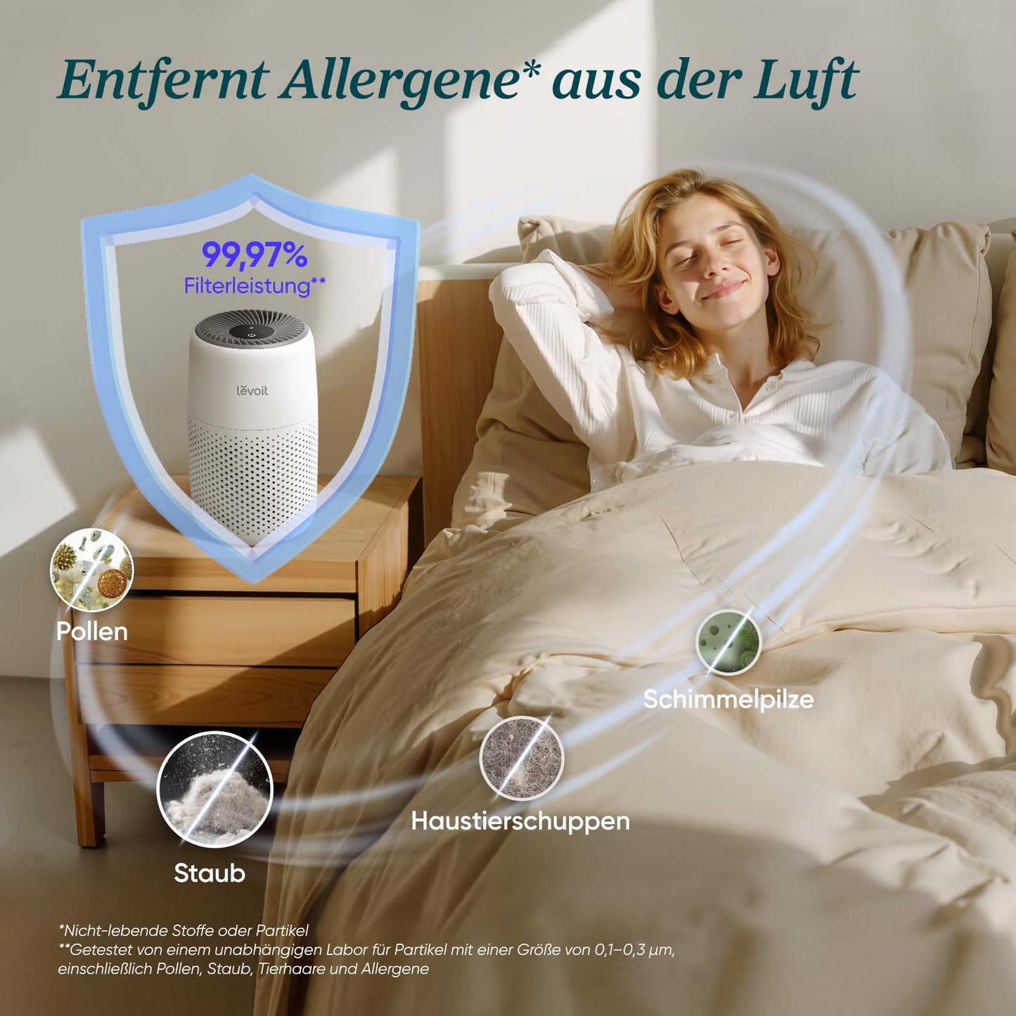 Levoit air purifier for allergy sufferers with aromatherapy, HEPA air filter against mold, dust and animal hair up to 0.3 µm for bedrooms, 7 watt energy saving, 3 speeds, white - LAP-C161-WEU