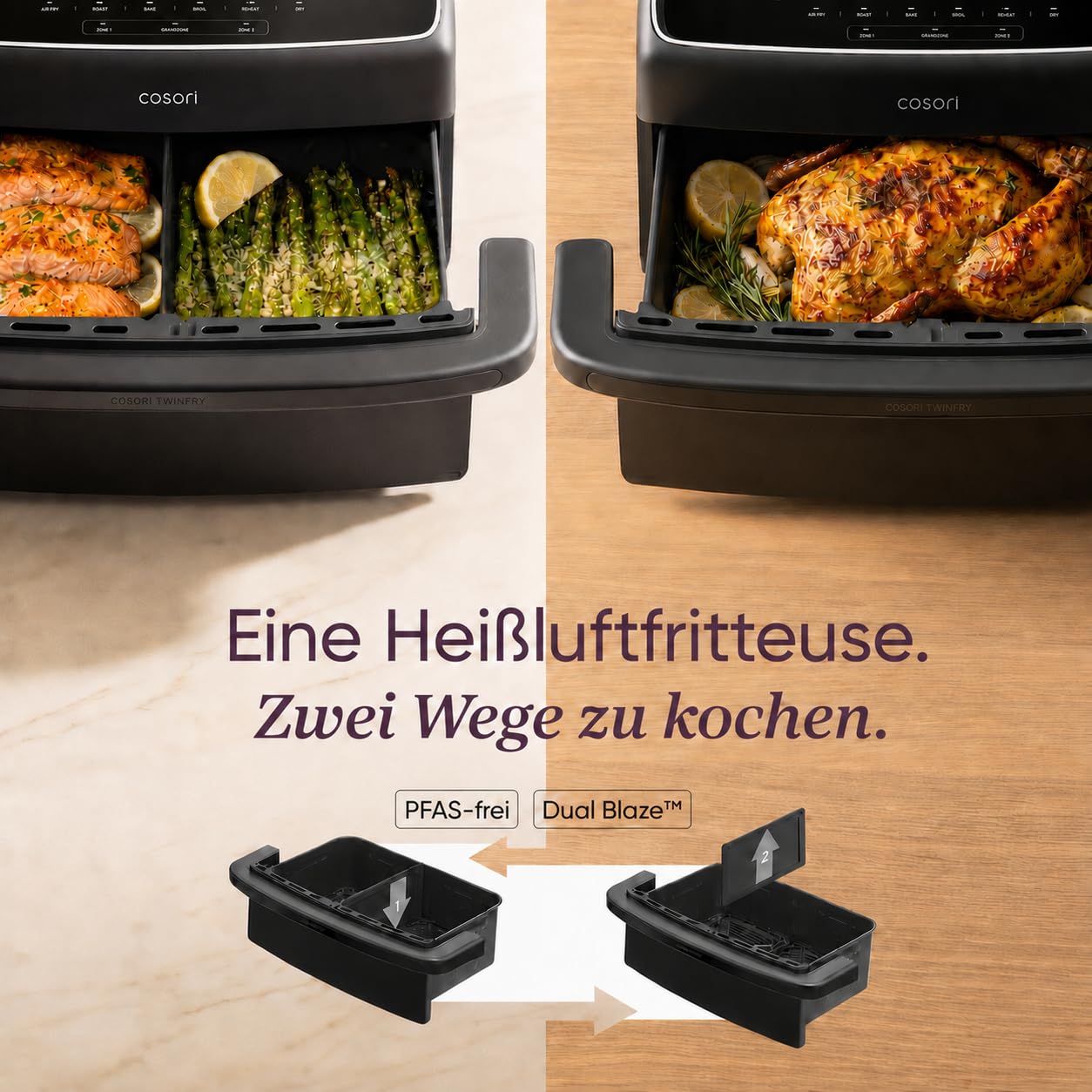 COSORI Airfryer, hot air fryer 2 chambers ceramic coating, Dual Blaze Twinfry Compact with 4 heating tubes, 8.6L flexible chambers, black, TF801 - CAF-TF801-AEU
