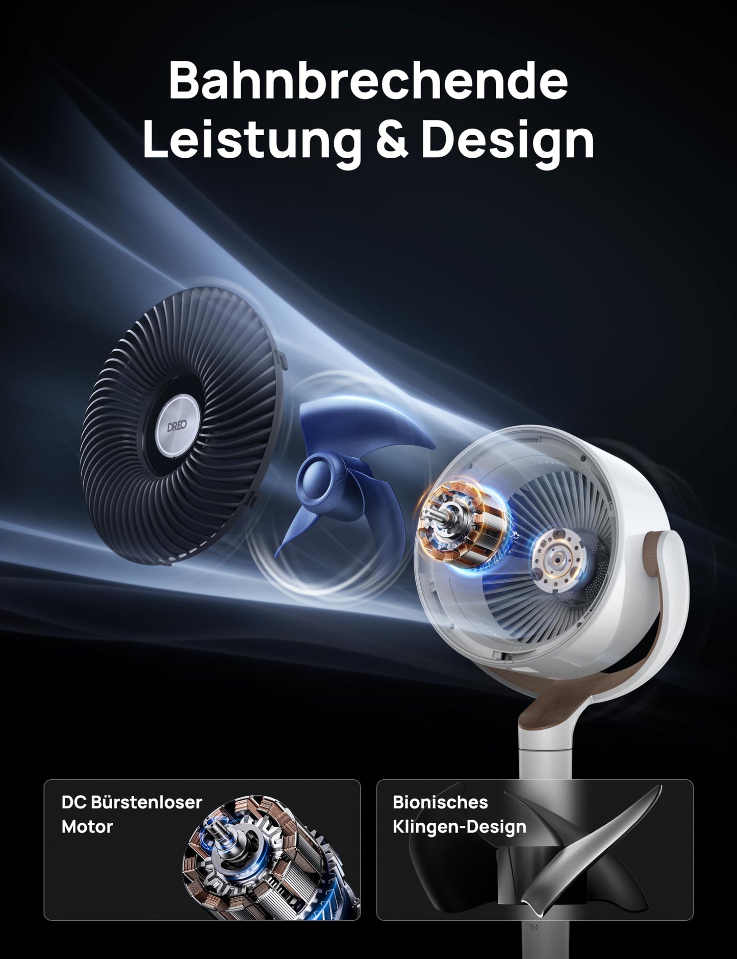 DREO 23dB quiet pedestal fan, 120°+120° omni-directional oscillating fan, 27M wind distance, 1615 m³/h air volume Real turbo air circulator fans, 89-102cm height 3 modes 8-speed - DR-HPF002