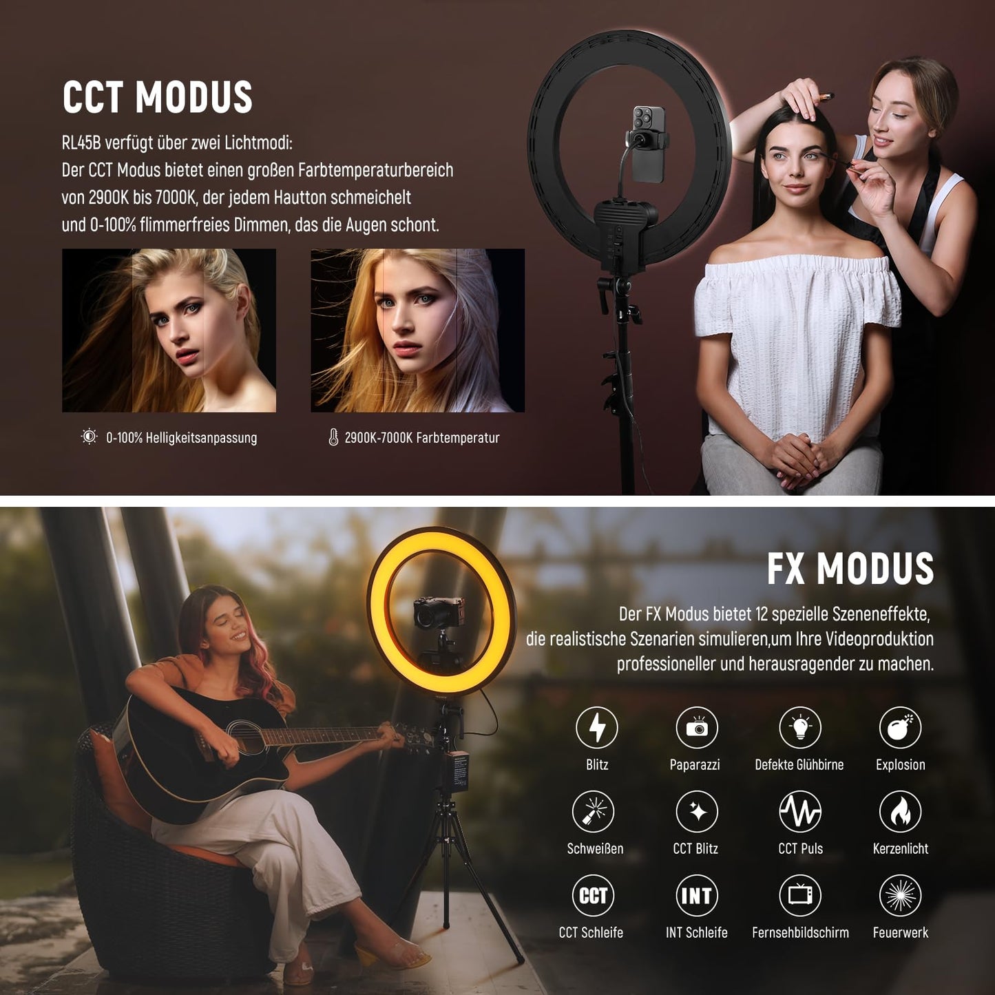 NEEWER 18" ring light set with edge lighting, 45W 3300Lux 2900K-7000K 12 scenes ring light with APP 2.4G PC Mac control, remote control, tripod bag for make-up, TikTok, Ins, live stream, RL45B - 10103370
