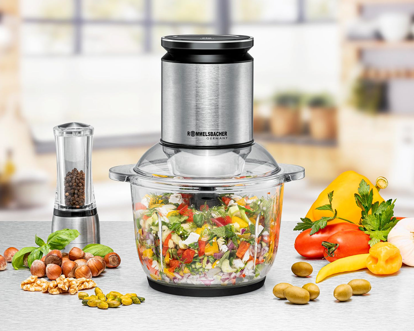ROMMELSBACHER Multi shredder MZ 600, 2.0 liter glass container, 22-stage speed control, powerful motor, 6-blade special stainless steel knife, knife axis and motor coupling made of stainless steel