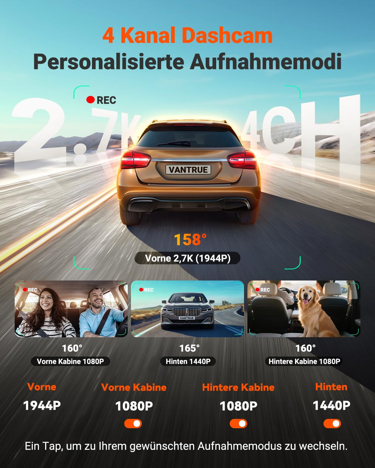 VANTRUE N5S Dashcam Auto STARVIS 2, 2.7K+1080P*2+1440P Față Interior Spate