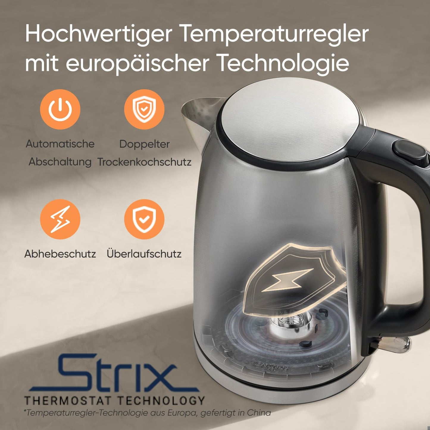 COSORI kettle stainless steel with 1.7 L | 2200W | No plastic contact | LED lighting | 360° rotating base | Large opening | Dry boil protection | Strix Technology | Silver-black - CEK-S152-VEU