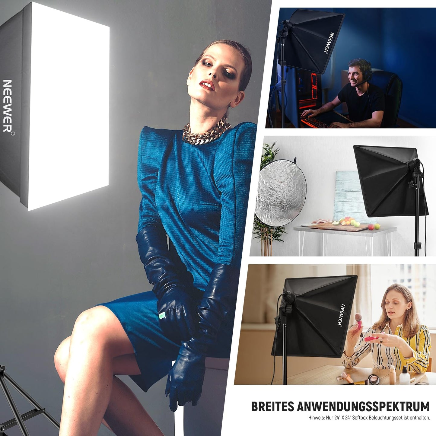 NEEWER 350 W Equivalent Softbox Lighting Set, 5700 K LED Light Bulb, 24 x 24 Inch Photo Studio Soft Box with E27 Socket, Photography Continuous Lighting Set, Photo Studio Equipment, NK300 - 10103989