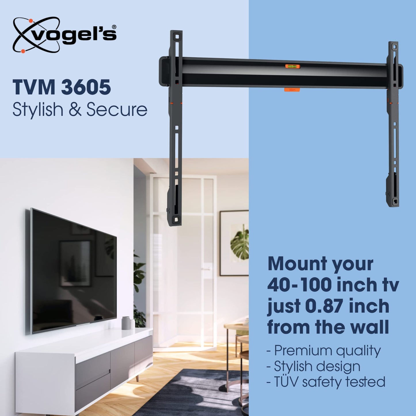 Vogel's Comfort TVM 3605 Flat TV wall mount for 40-100 inch televisions, Max. 75 kg, Max. VESA 600x400, universal compatibility, distance to the wall only 2.2 cm - TVM3605