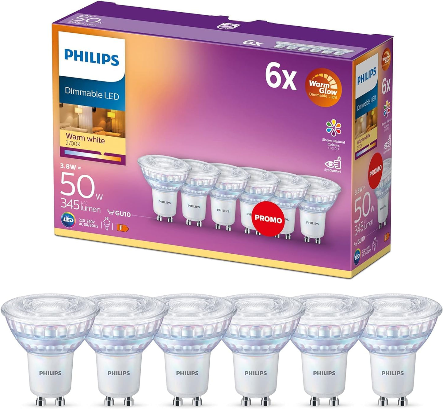 Philips LED Classic GU10 lamps Warm Glow pack of 6 (50 W), dimmable reflector LED spots with warm white light, energy-saving lamps with a long useful life, warm glow dimmable - 929002065798