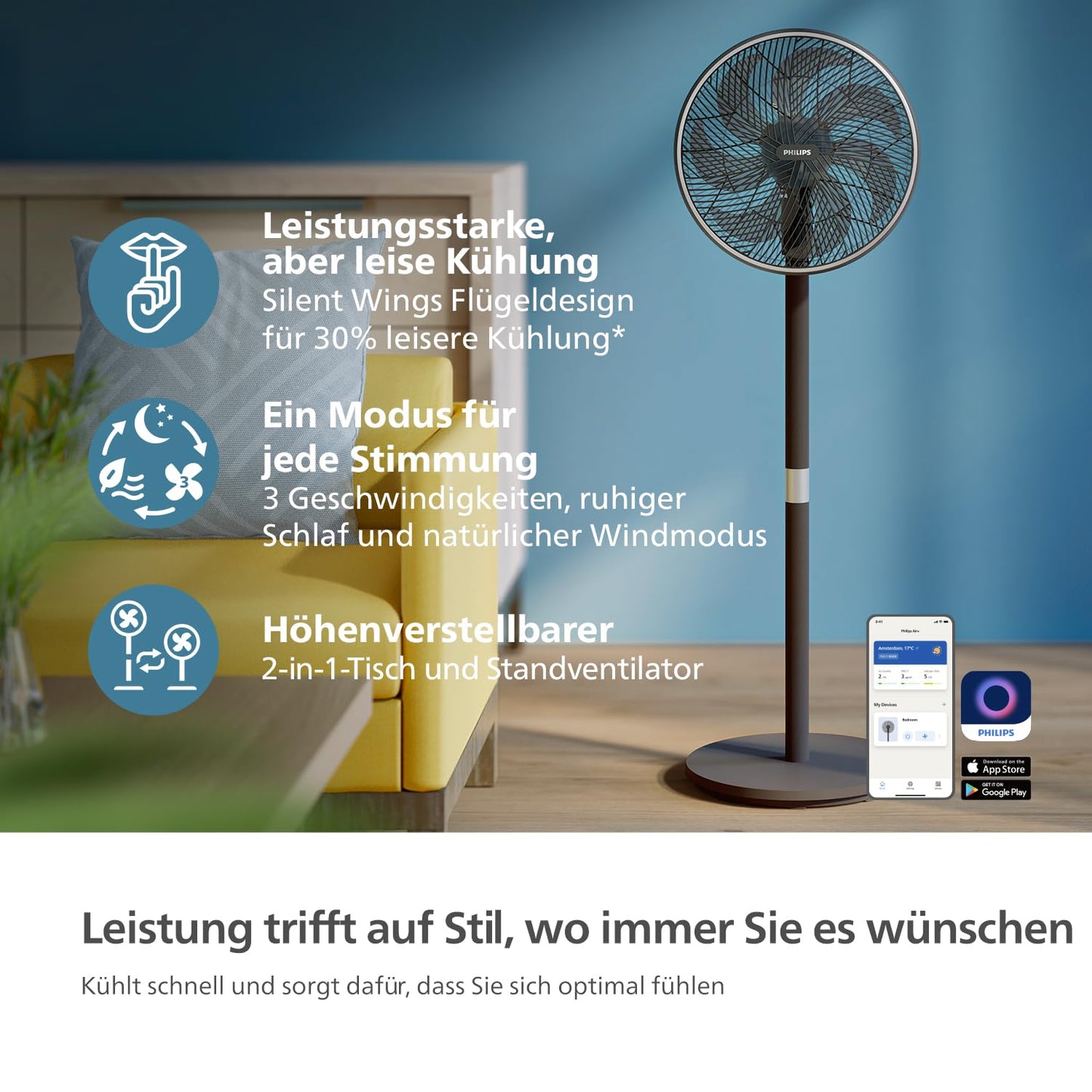 Philips Smart pedestal fan series 3000. Strong & extremely quiet SilentWings technology. 19dB. 2-in-1 table & pedestal fan. Tiltable & rotatable. App control. 12 hour timer. Black (CX3550/01)