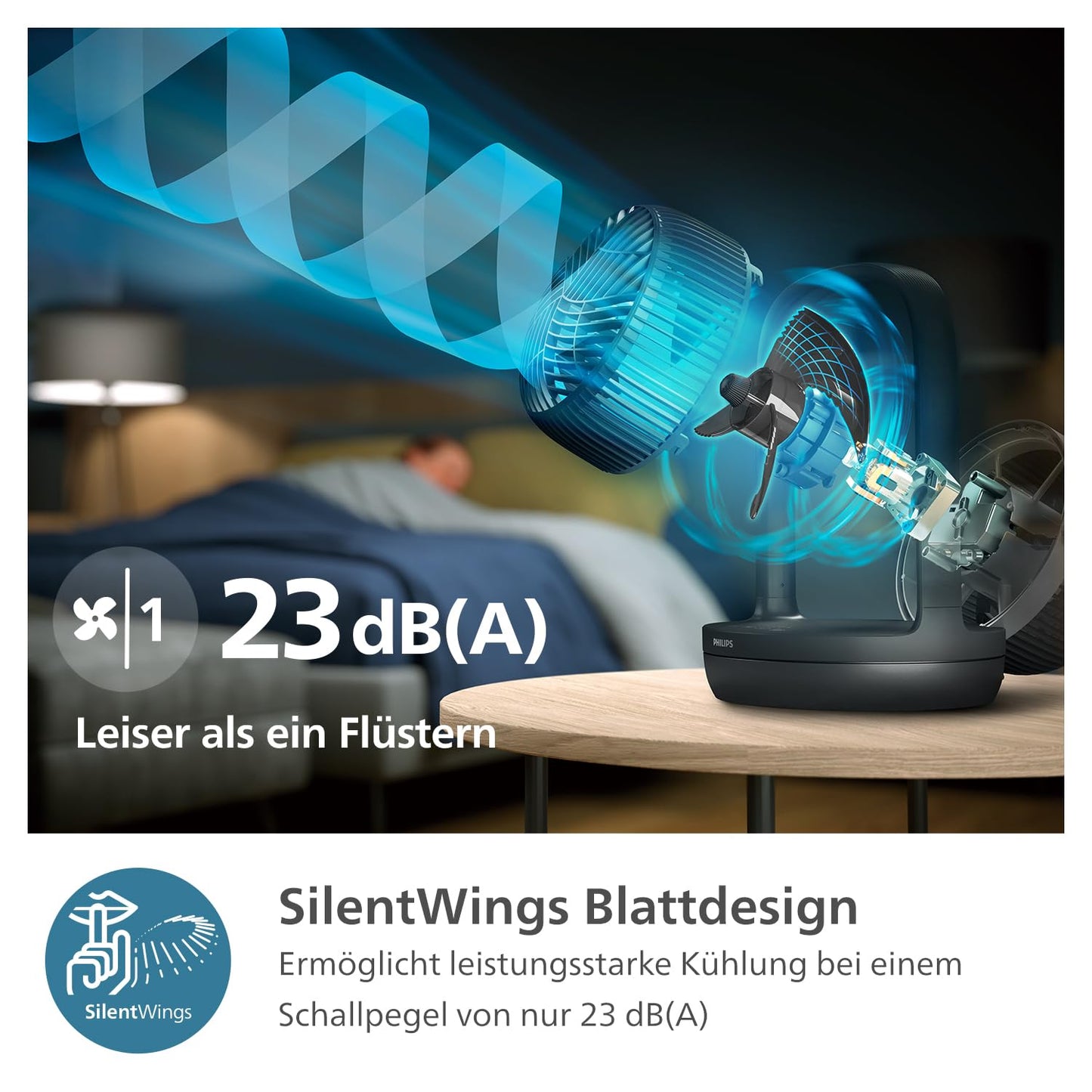 Philips Oscillating Table Fan Series 3000, Strong & Super Quiet with SilentWings Technology at 23 dB, Easy to Carry, Tilt 180°, Timer, Black (CX3050/01)