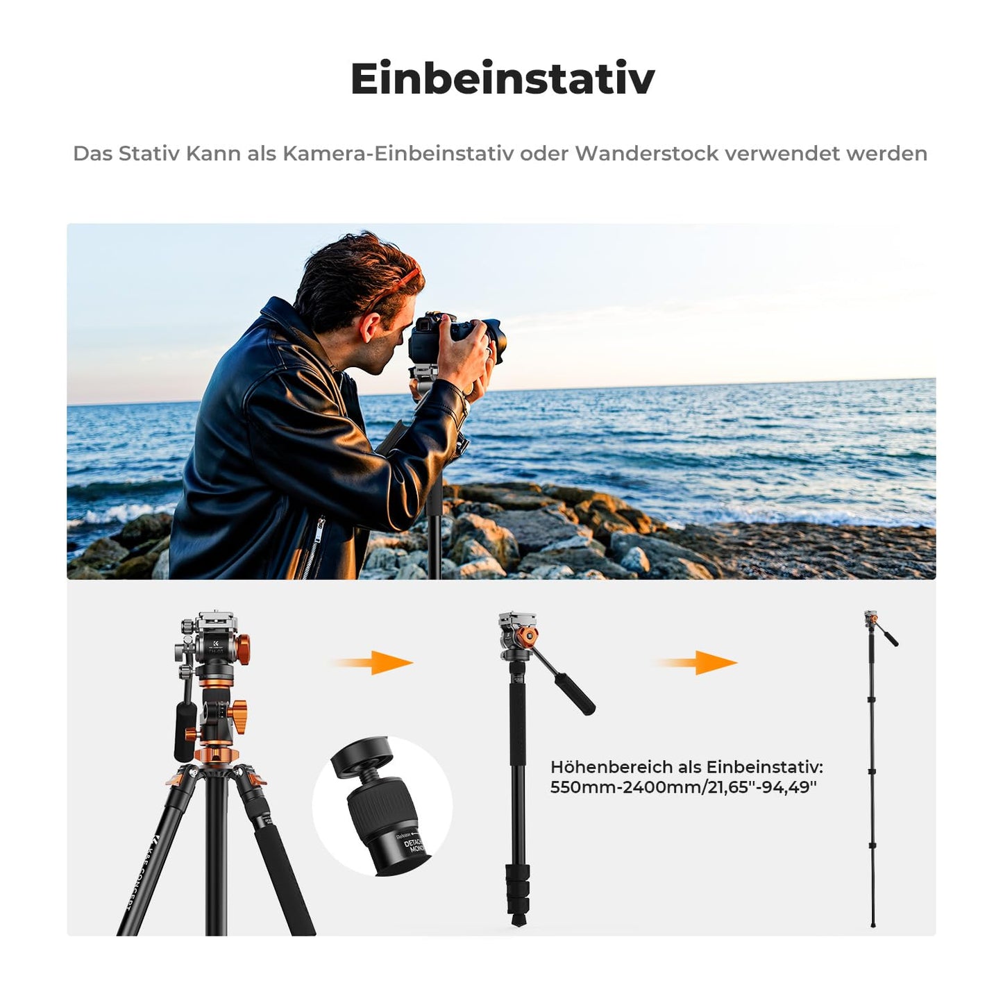 Camera tripod, K&F CONCEPT video tripod video tripod with fluid head, 231cm tripod with 90° center column and removable monopod, aluminum travel tripod T254A7+FH-03 for DSLR, camcorders, cameras