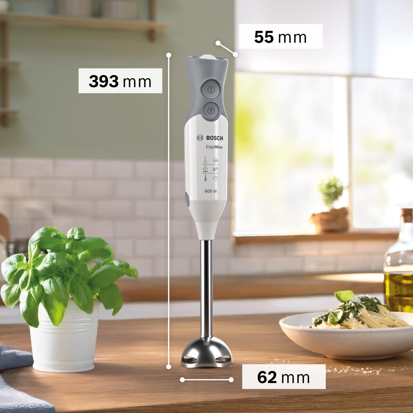 Bosch hand blender ErgoMixx, stainless steel mixing foot, mixing and measuring cup, 4-blade knife, chopper, ergonomic design, 12 levels plus turbo, 600 W, white/gray, MSM66120