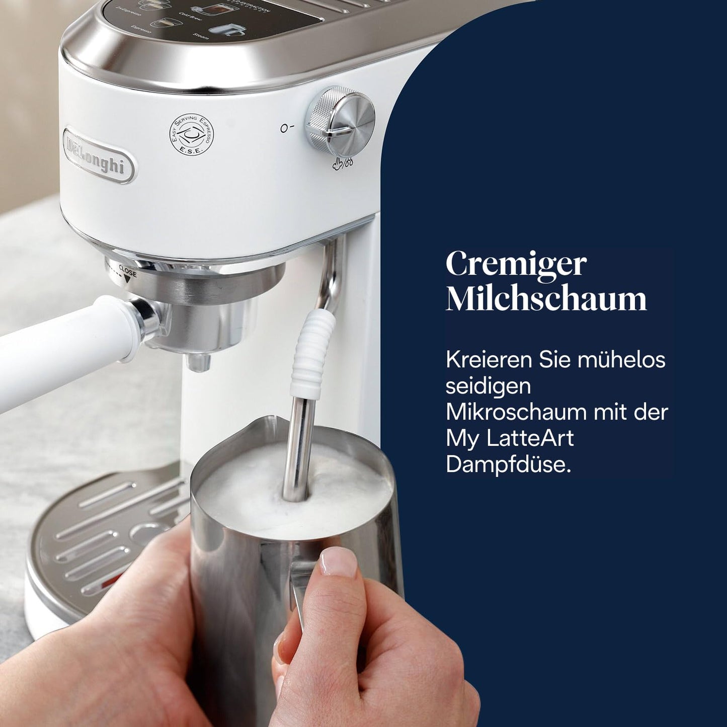 De'Longhi Dedica Duo - Perfetto compact portafilter machine espresso machine with soft-touch icons, manual milk frother for espresso, cappuccino and cold brew, 15cm wide, white (EC890.WI)