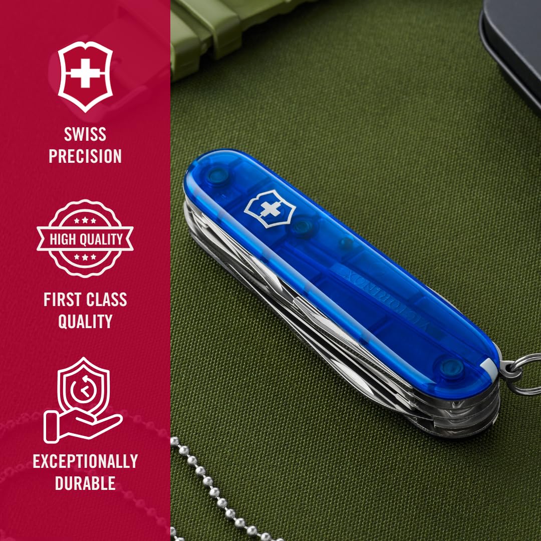 Victorinox Swiss Army Knife Huntsman, Multitool, Swiss Army Knife with 15 functions, blade, corkscrew, can opener, folding box, blue transparent - 1.3713.T2