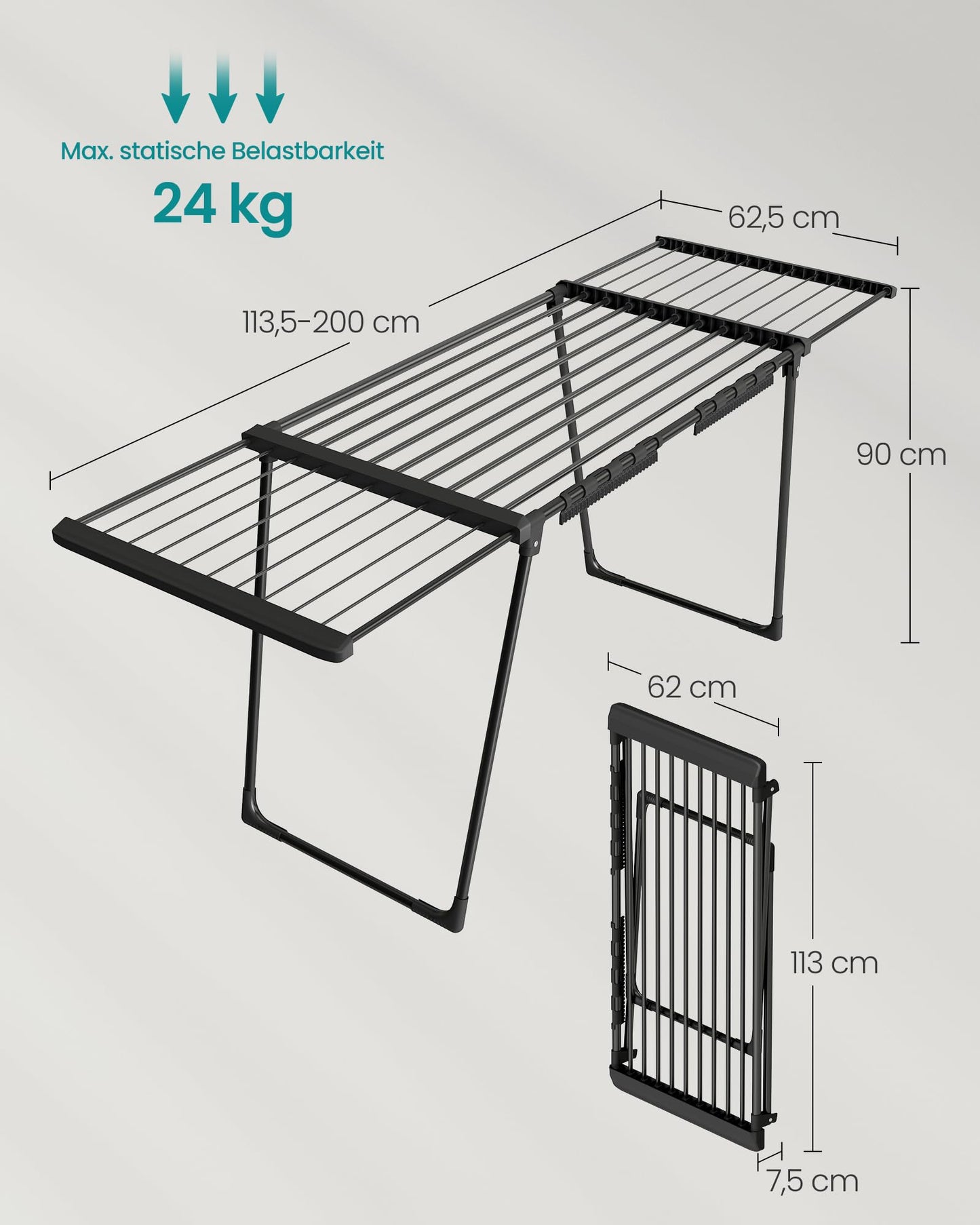 SONGMICS clothes airer, floor dryer, extendable wings, wing clothes airer, 22 m drying area, wing clothes dryer with sock holder, foldable, ink black LLR522BH01