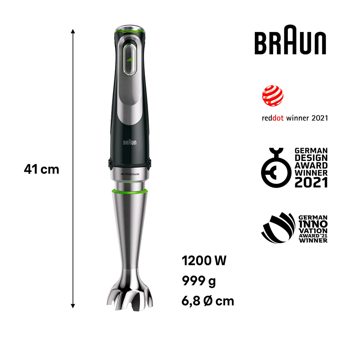Braun MultiQuick 9 MQ 9187XLI - Electric Hand Blender with variable speed control, 4-piece accessory set, 1200 Watts, Black/Stainless Steel
