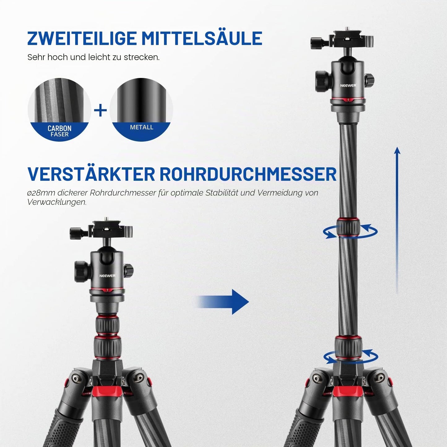 NEEWER 205cm carbon fiber travel tripod, new camera tripod with 2-part central axes, 360° panoramic ball head, 1/4" Arca type QR plate, with ø28mm column, monopod tripod max load 26.5 lb, N55CR