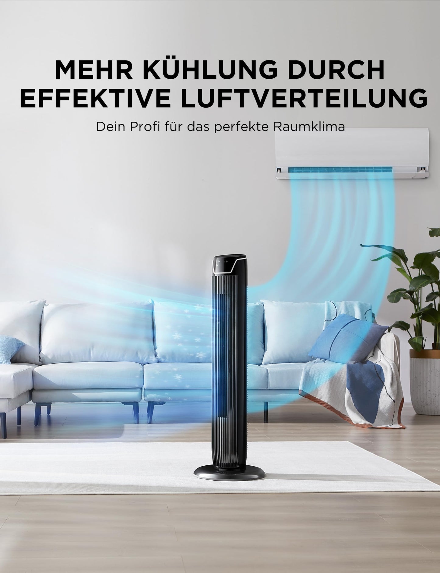 Midea FZ10-17JR Tower Fan Quiet with Remote Control 92CM, Mobile Fan, Column Fan, 7 Hour Timer, 3 Modes, 3 Speeds, 45W Stand Fan, Black