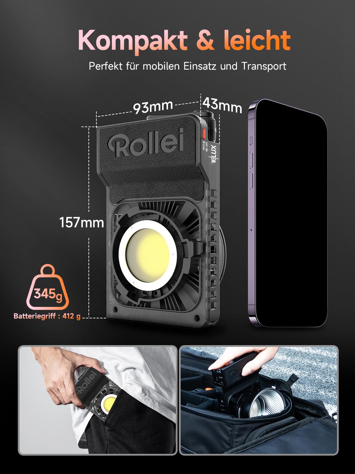 Rollei LUX 100W RGB Professional LED Continuous Light Photography Candela APP Smart Operation, Photo Light Ultra Flat & Light | Dual power supply | Adjustable color temperature 2700 – 6500K - 23126