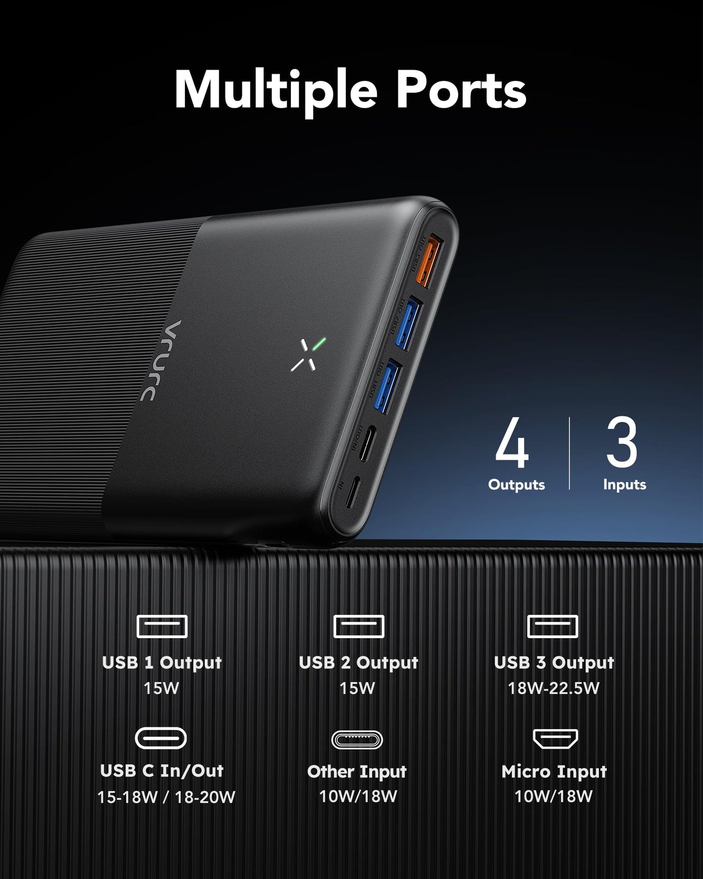 VRURC Power Bank 30000mAh 22.5W Power Bank USB C Fast Charging External Mobile Phone Batteries with 4 Outputs and 3 Inputs Portable Charger Compatible with iPhone, Huawei, Tablets etc (Black) - T3016