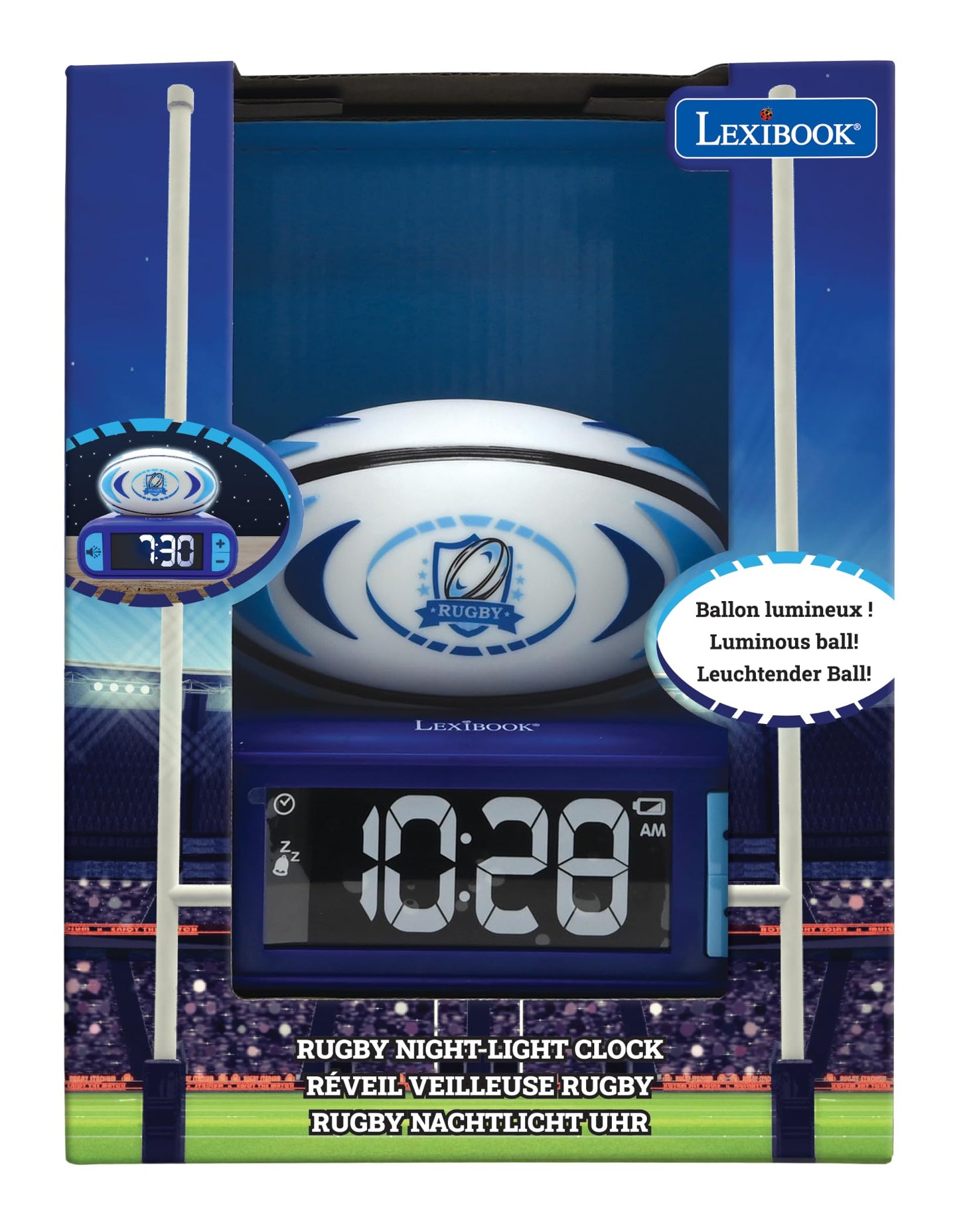 Lexibook, Rugby, Alarm Clock with Night Light, Sounds and Melodies, Backlit LCD Display, Luminous, Snooze Function, Blue, RL800RG