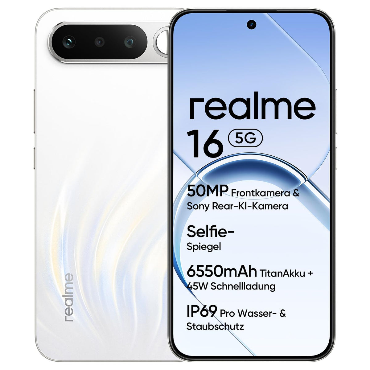 realme 16 5G Smartphone, 6GB+256GB, 120Hz AMOLED Display 6.57", 6550mAh Battery, 50MP Sony IMX852 Camera, IP69Pro, 45W Fast Charging, Dual SIM, NEXTAi, White (Without Power Adapter) - 6941764487031