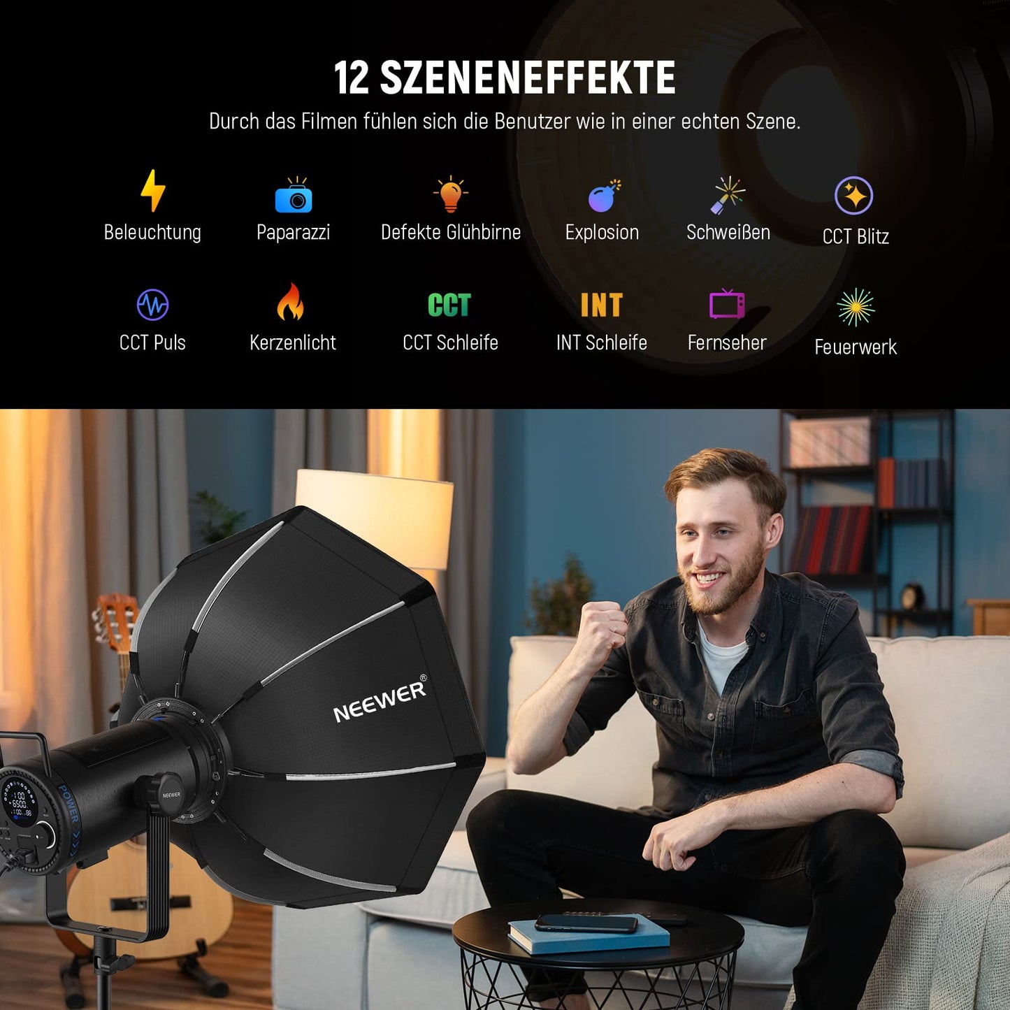 NEEWER CB200B 210W LED video light studio light with 2.4G/APP remote control, all-metal COB bi-color studio continuous light Bowens mount 90000Lux/1m 2700K-6500K CRI/TLCI97+ 12 effects for portrait