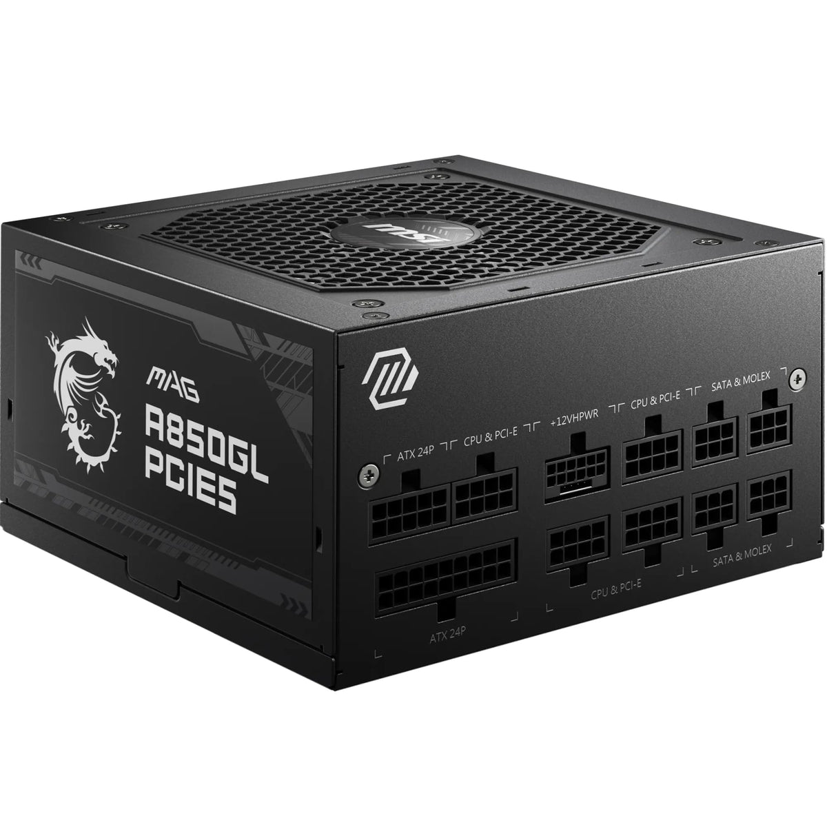 MSI MAG A850GL PCIE5 Sursă de alimentare, 850W, 80 Plus Gold, complet modulară, ATX 3.0, suportă GPU PCIe 5.0, ventilator de 120mm FDB cu rulmenți dinamici, Full-Bridge LLC, cabluri negre flack - 7 ani garanție - 306-7ZP8A11-CE0