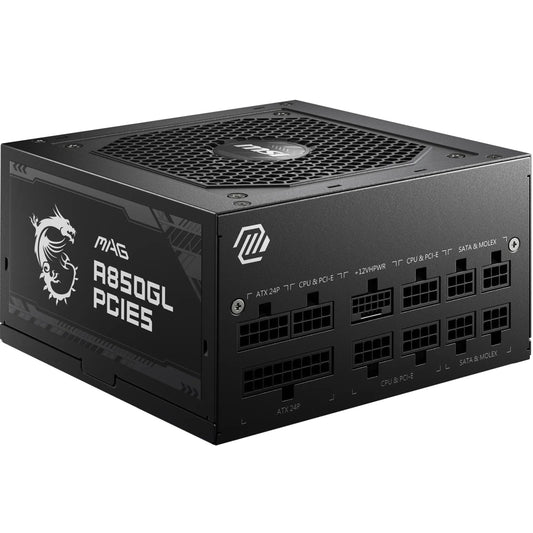 MSI MAG A850GL PCIE5 Sursă de alimentare, 850W, 80 Plus Gold, complet modulară, ATX 3.0, suportă GPU PCIe 5.0, ventilator de 120mm FDB cu rulmenți dinamici, Full-Bridge LLC, cabluri negre flack - 7 ani garanție - 306-7ZP8A11-CE0