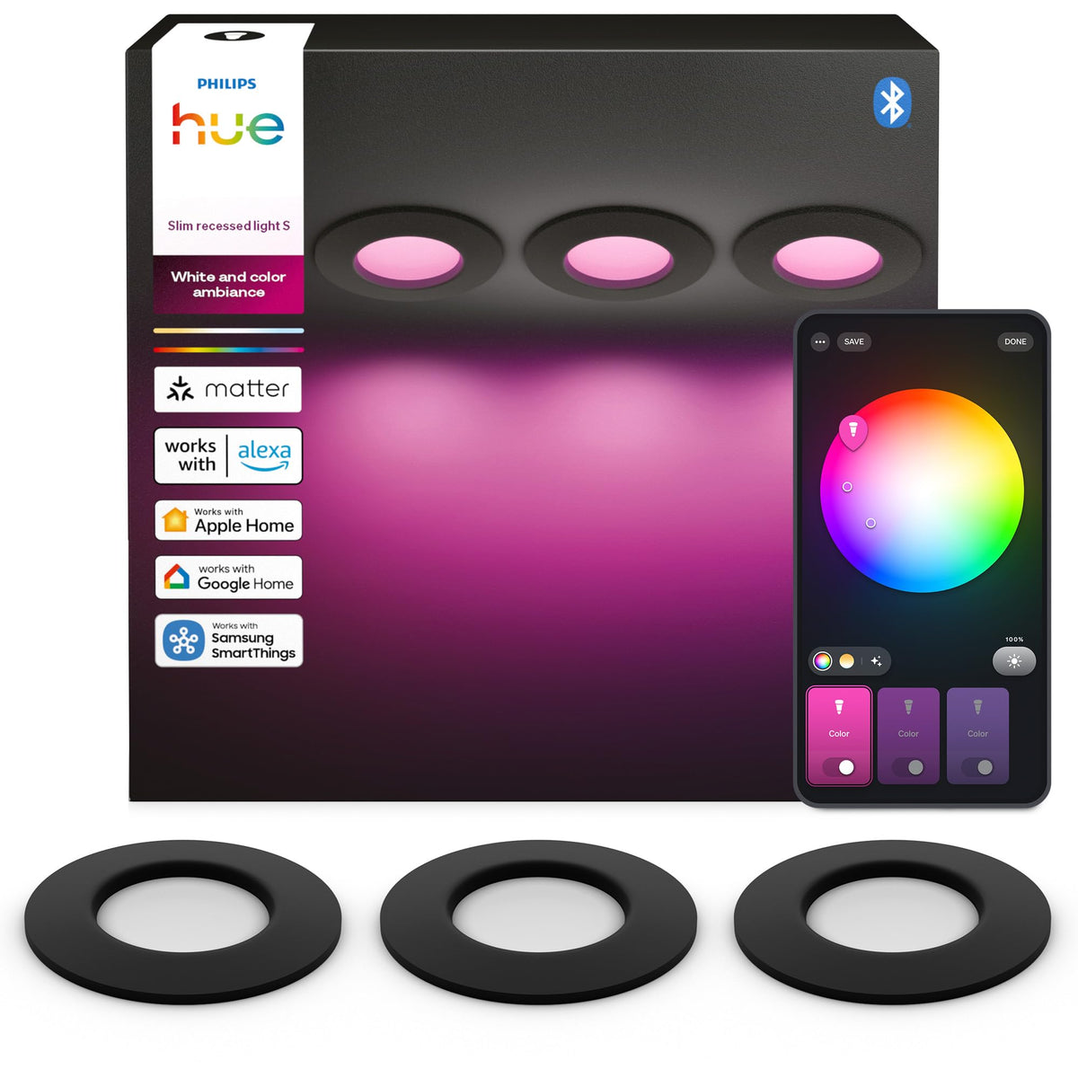 Philips Hue Slim Downlight, LED ceiling light, 1,000 lm, 90 mm, slim design, full spectrum daylight 1,000–20,000 K, extremely dimmable, precise color, smart lighting, black, 3-pack - 929004291102
