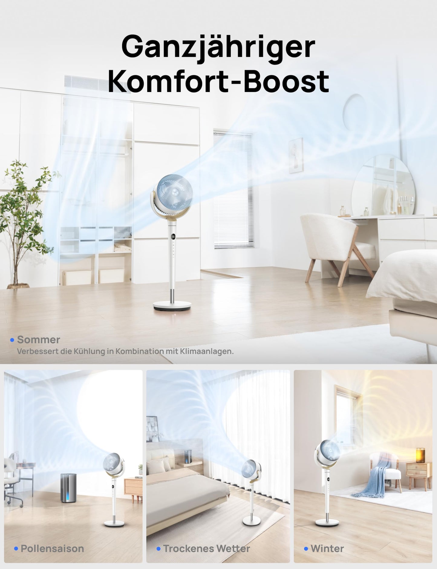 DREO pedestal fan very quiet, large fan with remote control, 20dB silent fan with DC motor, 120° oscillating, 4 modes, 94-107cm height adjustable, floor fan, TurboPoly™ Fan 512, white