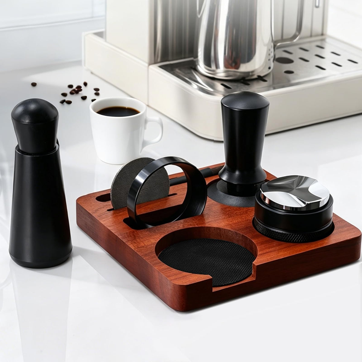 NPOIAUG Espresso Accessory Set 7-piece – WDT Tool, Tamper, Distributor, Dosing Ring & Tamper Station | Barista Set made of stainless steel for espresso machines | Step-by-step accessories for café (51mm) - ZQ-KFYF