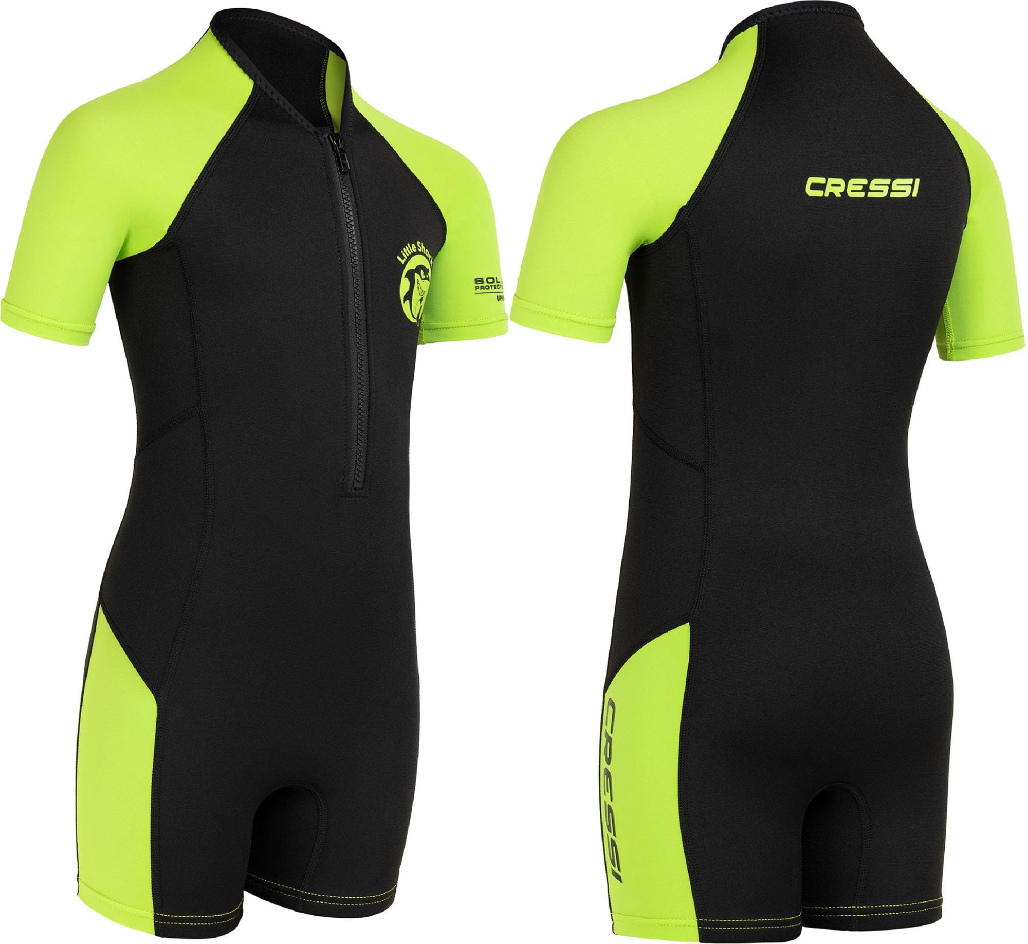 Cressi Shorty 2mm children's wetsuit - children's swimming suit with UV, cold protection, jellyfish protection - swimming suit for girls and boys - black/lime - 9/10 years - XDG003306