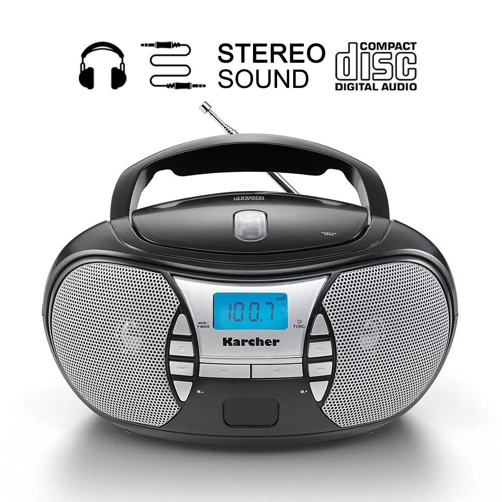 KARCHER RR 5025-B portable radio, CD player with mains and battery operation, FM radio with AUX connection and headphone jack, black