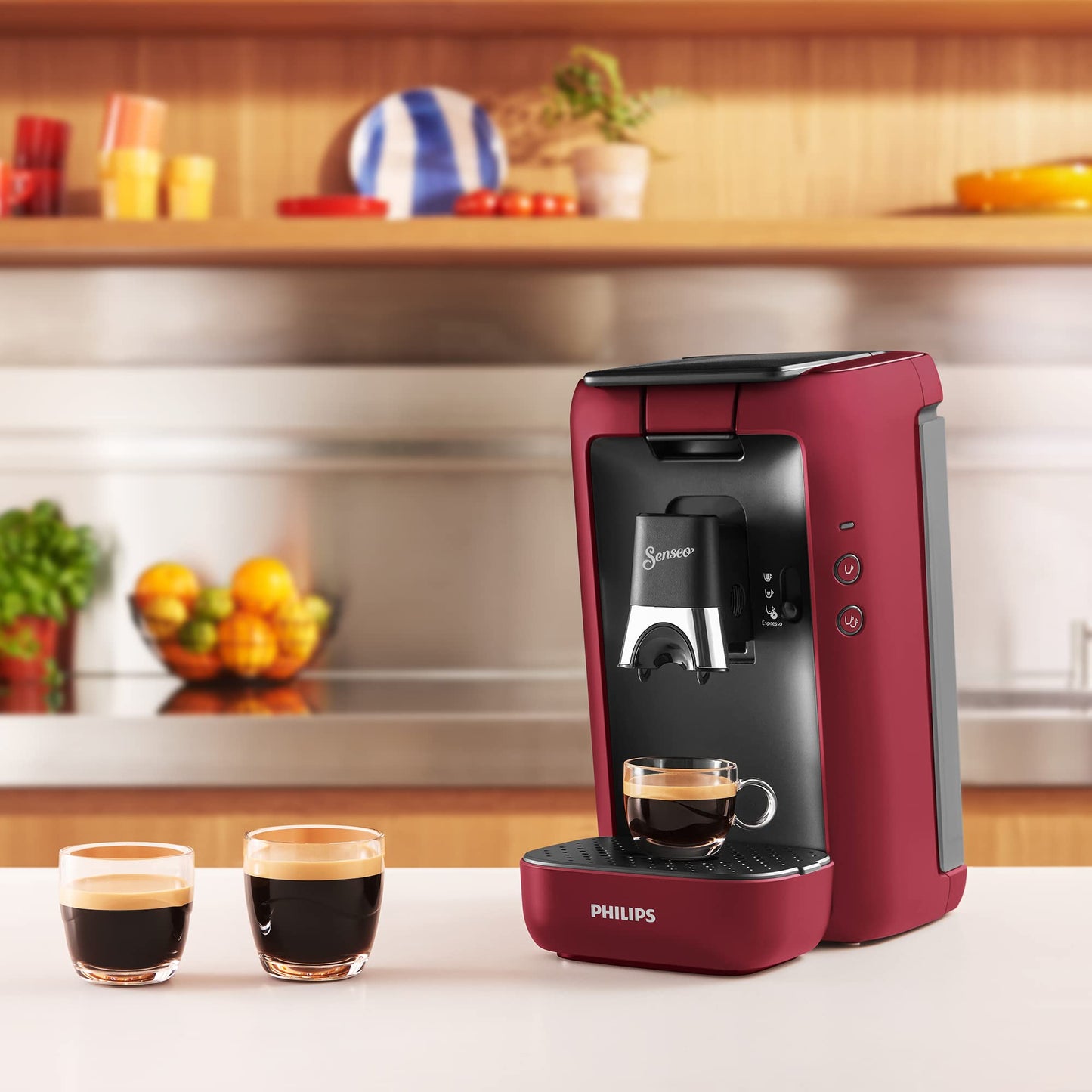 PHILIPS Senseo Maestro coffee pad machine with coffee strength selection and memo function, 1.2 liter water container, green product, color: red (CSA260/90)