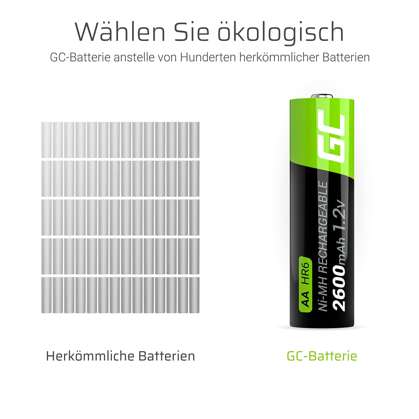 GREEN CELL battery 2600 mAh 1.2V 8 pieces AA Mignon batteries, type NI-MH, 1.2v pre-charged, high capacity, reliable battery, long-lasting battery AA solutions - GR09